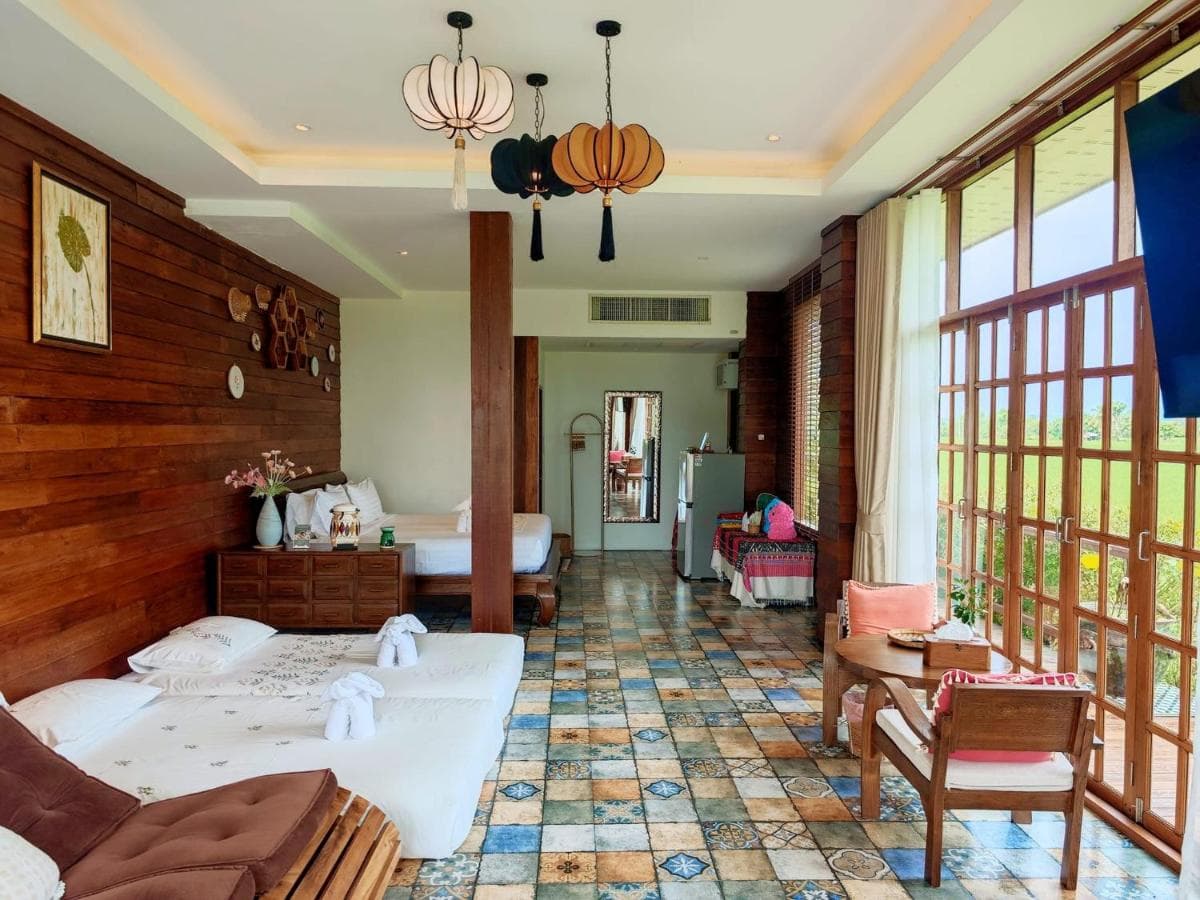 Family Mountain View Room at Doona Resort beside the pool and rice fields