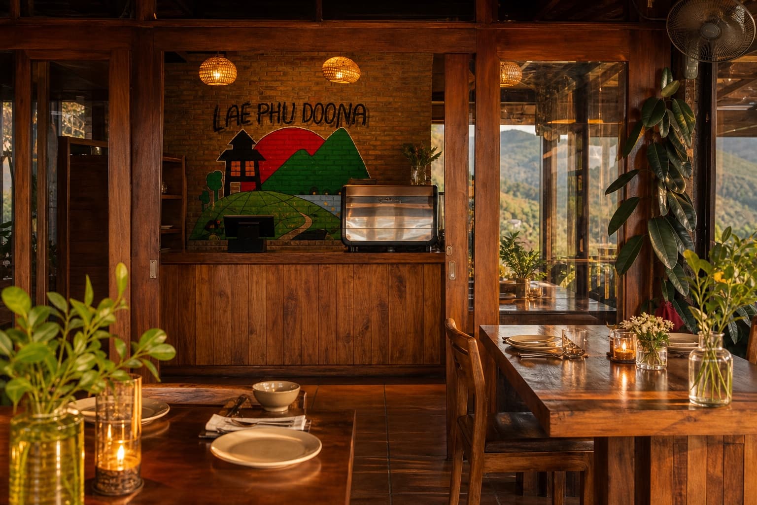 The warm timber cafe and dining area at Doona Resort set for an intimate meal