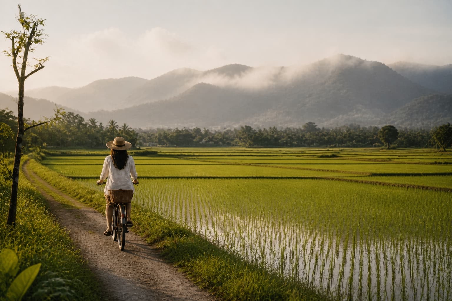 A guest cycling slowly through the rice fields near Doona Resort