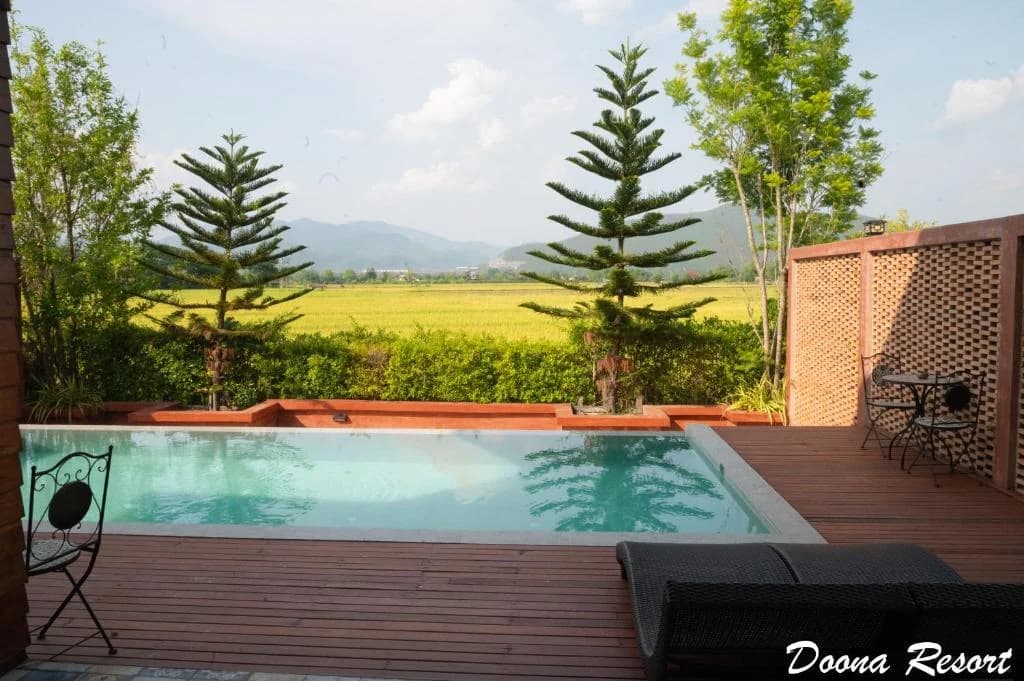 Doona Resort saltwater pool overlooking the rice fields and mountains