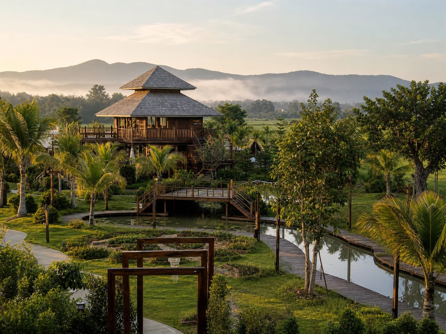 The intimate gardens, timber pavilion, waterways, and mountain setting of Doona Resort