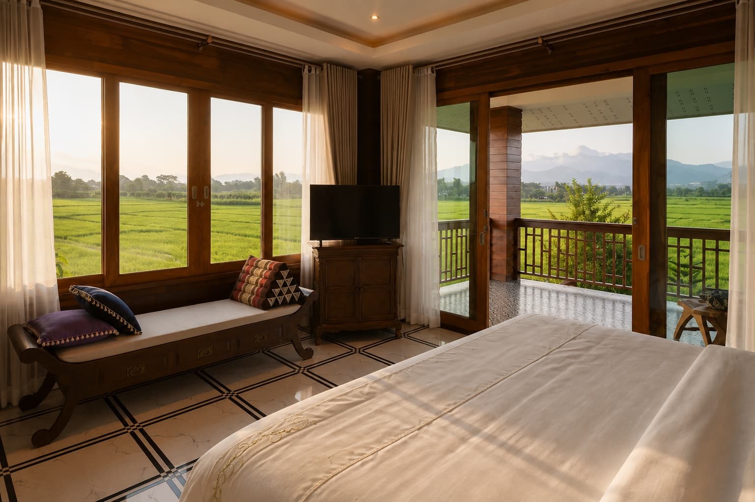 Mountain View Room at Doona Resort with timber windows overlooking rice fields and mountains