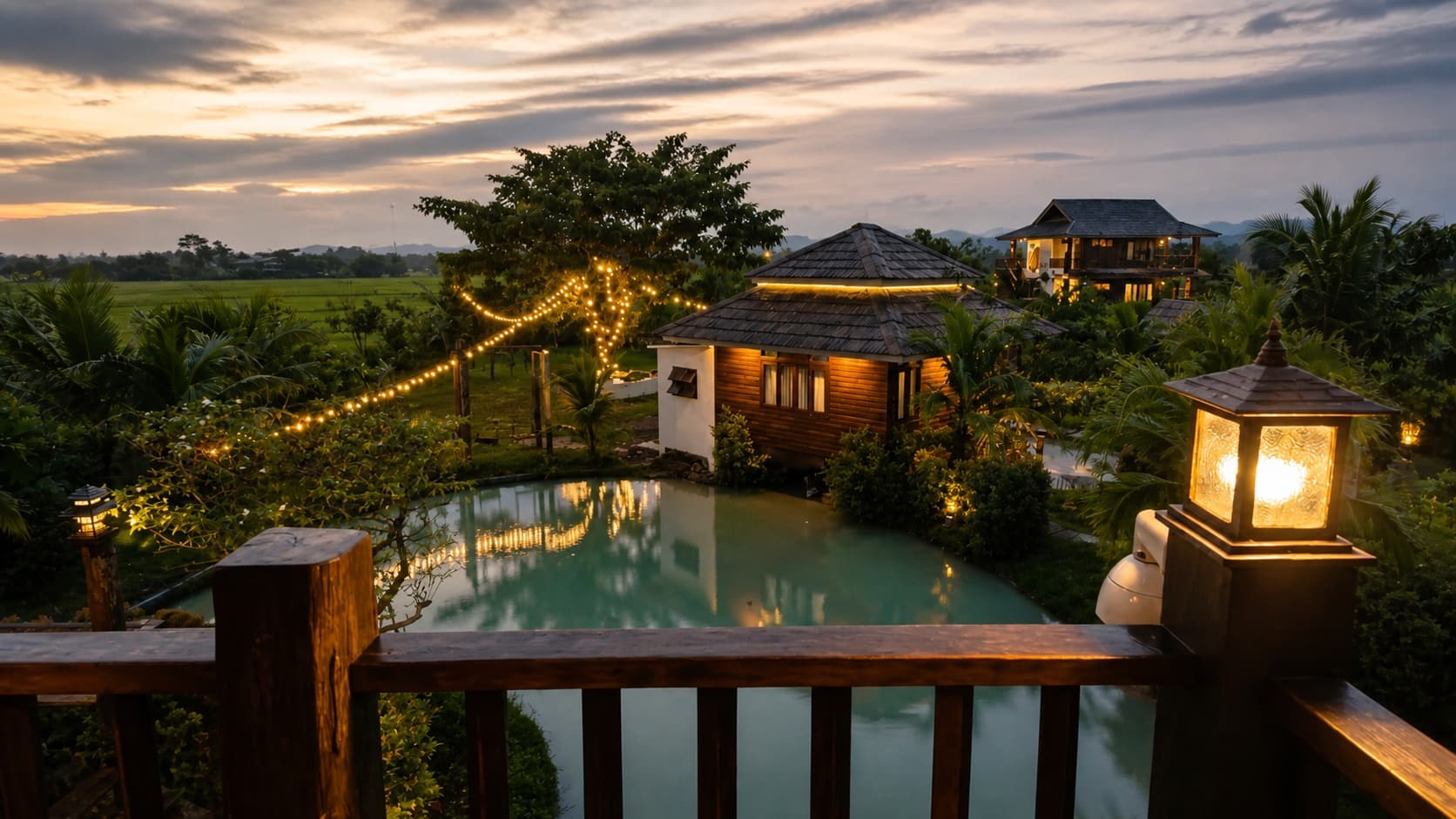 Doona Resort poolside accommodation and garden at dusk