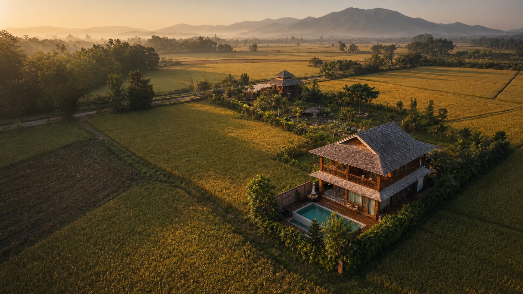 Doona Resort surrounded by golden rice fields and mountains in Mae Taeng